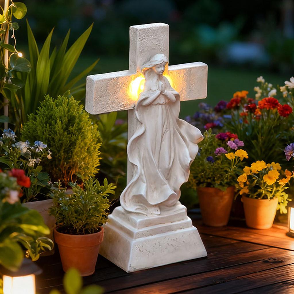 Solar,powered Mary Cross Ornament For Cemetery Memorial Garden Outdoor Resin Crafts