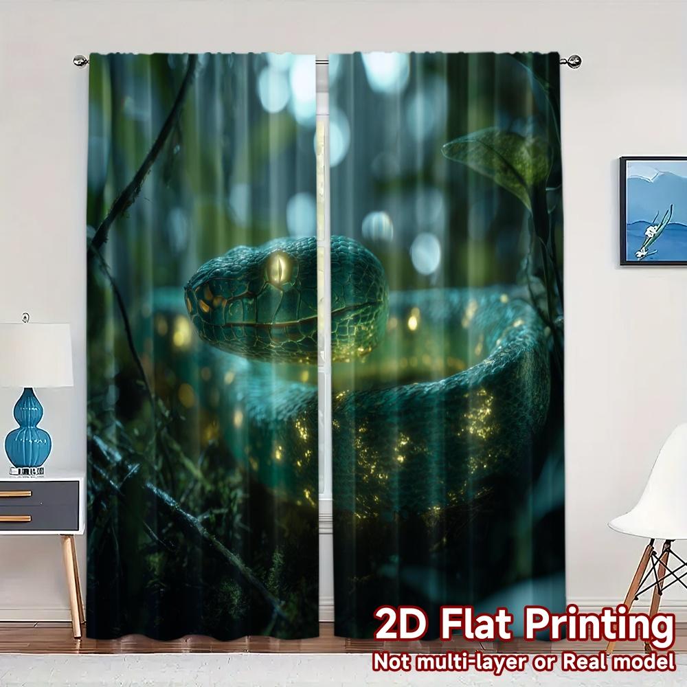 2pcs, 2D FLAT PRINTING Curtains (Without Rod) Emerald Serpent Chic Curtain Fabric Durable Polyester Curtains All Seasons Ldeal