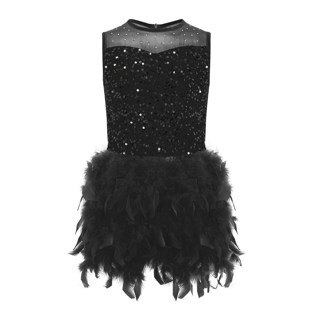 Robe de spectacle de danse pour filles Sans manches Fermeture éclair invisible au dos Patchwork en maille transparente Sequins brillants Plume Velours Robe