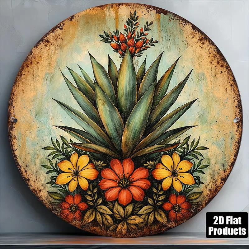 D Flat Pc InXCm D Flat Round Sign Retro Plaque About Agave Plants Mexican Style Floral Decorative Sign Suitable