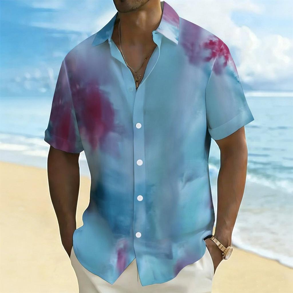 Women Short Sleeve Shirt Blue Pink White Marble Swirl Abstract Print Lapel Button Up Top