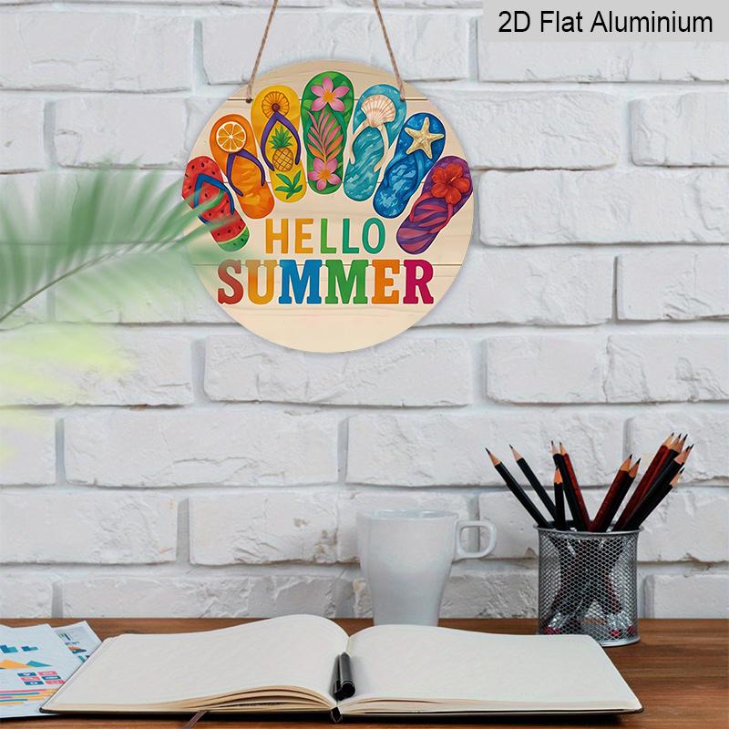 2D Flat, 1pc Aluminum Flip Flops Hello Summer Wall Sign - Retro Beach House Decor with Flip-Flop Design, Lightweight Suitable for Bedroom, Kitchen