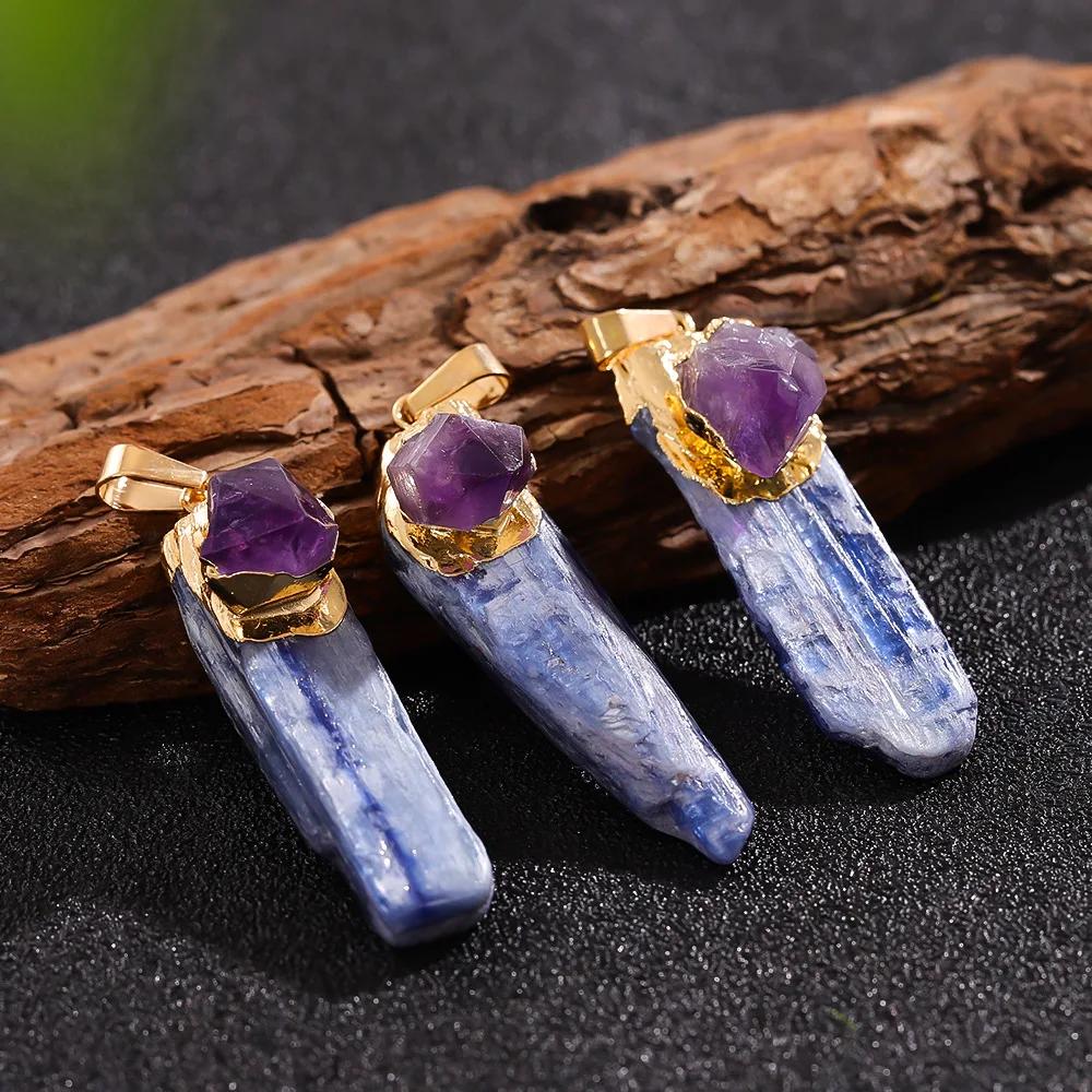 1pc Natural Blue Kyanite Amethyst Crystal Chakra Pendant Reiki Healing Pendant Wrap Golden Edge