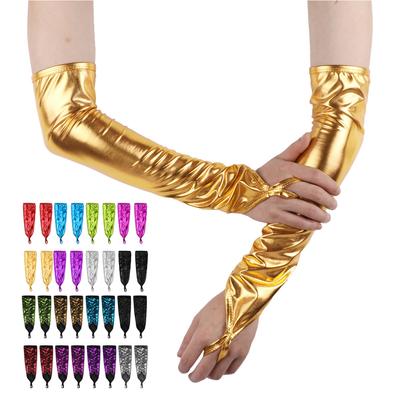 Women Shiny Metallic /Fish Scales Printed Long Fingerless Gloves for Stage Show Party Night Club Costume Accessories