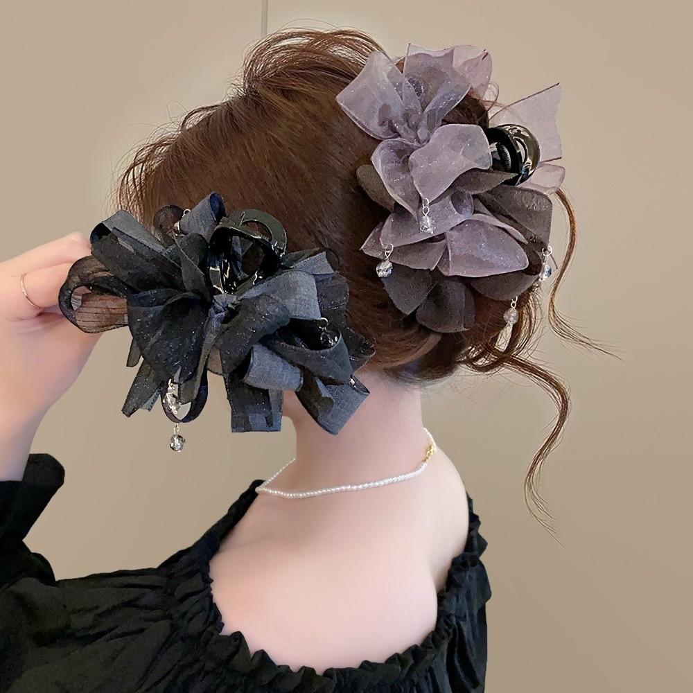 New 13cm Claw Clip Organza Bud Bead Charm Big Hair Claw Elegant Add Volume Shark Clip Back Head Bun Hairstyling