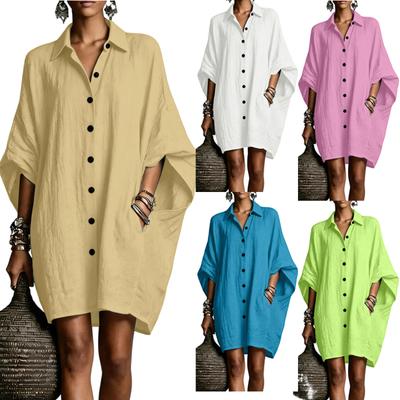 Women Loose Fit Sleeve Shirt Dress Button Down Casual Tunic Relaxed Style with Lapel Collar and Oversized