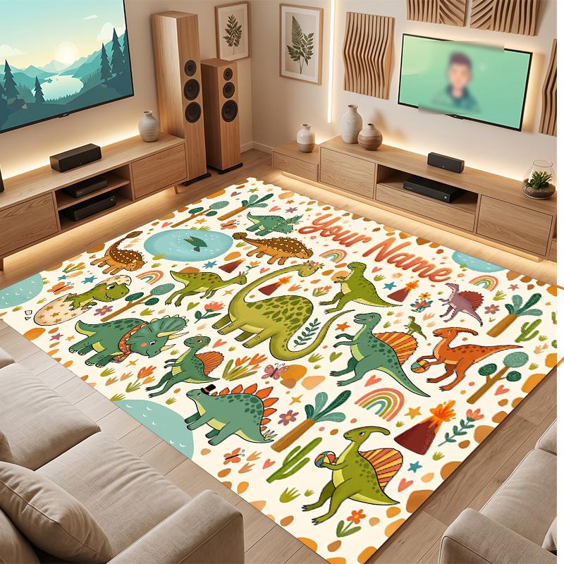Dinosaur Theme Soft Crystal Velvet Rug Custom Name & Text Print Non Slip Floor Rug for Bedroom Living Room