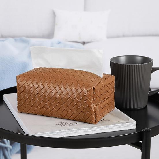 Yousheng PU Leather Tissue Box, with Smooth Paper Outlet Opening, Soft Rounded Weaving Surface Tissue Holder for Home