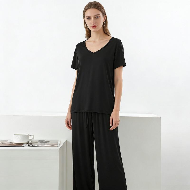 Modal Homewear 2pcs Pajamas Set Short Sleeve Tops and Trousers Solid Color Casual Loose Sleepwear Suit Plus Size Nightwear