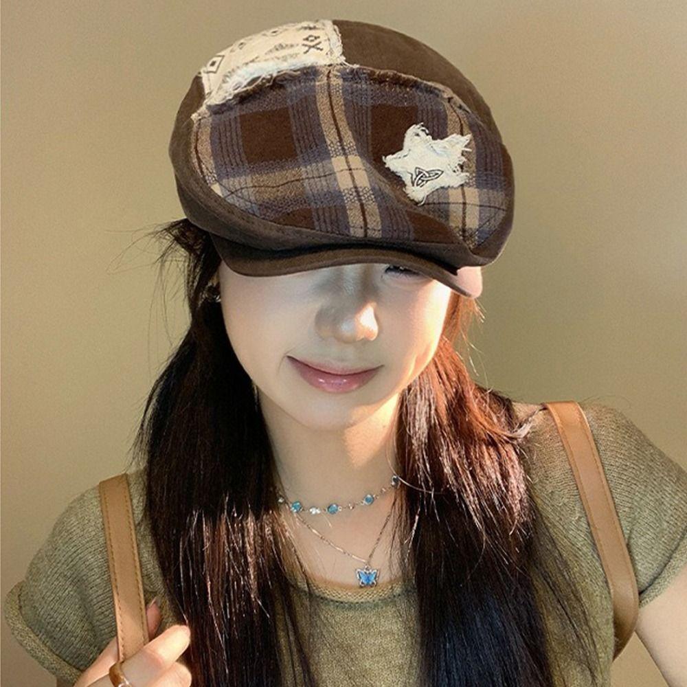 American Star Plaid Beret Y2k Painter Cap Trend Newsboy Cap  Outdoor