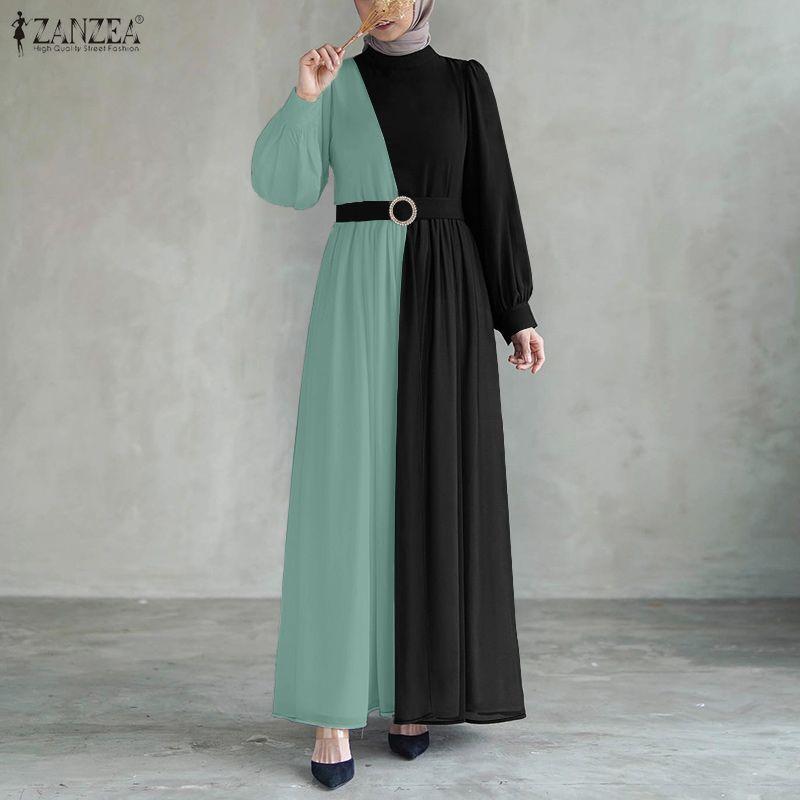 ZANZEA Damen Casual Rundhals Langarm Lose Patchwork Langes Kleid