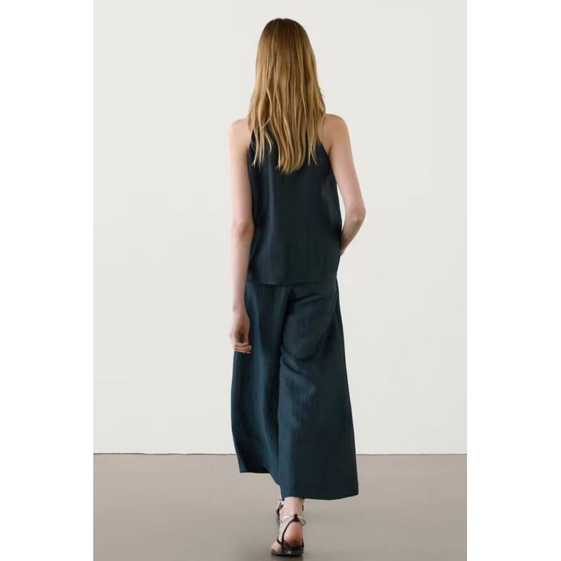 MD Women clothes French style Minimalist Static Luxury Style Retro Dark Green off-Shoulder Sling Sleeveless Shirts 05156884567