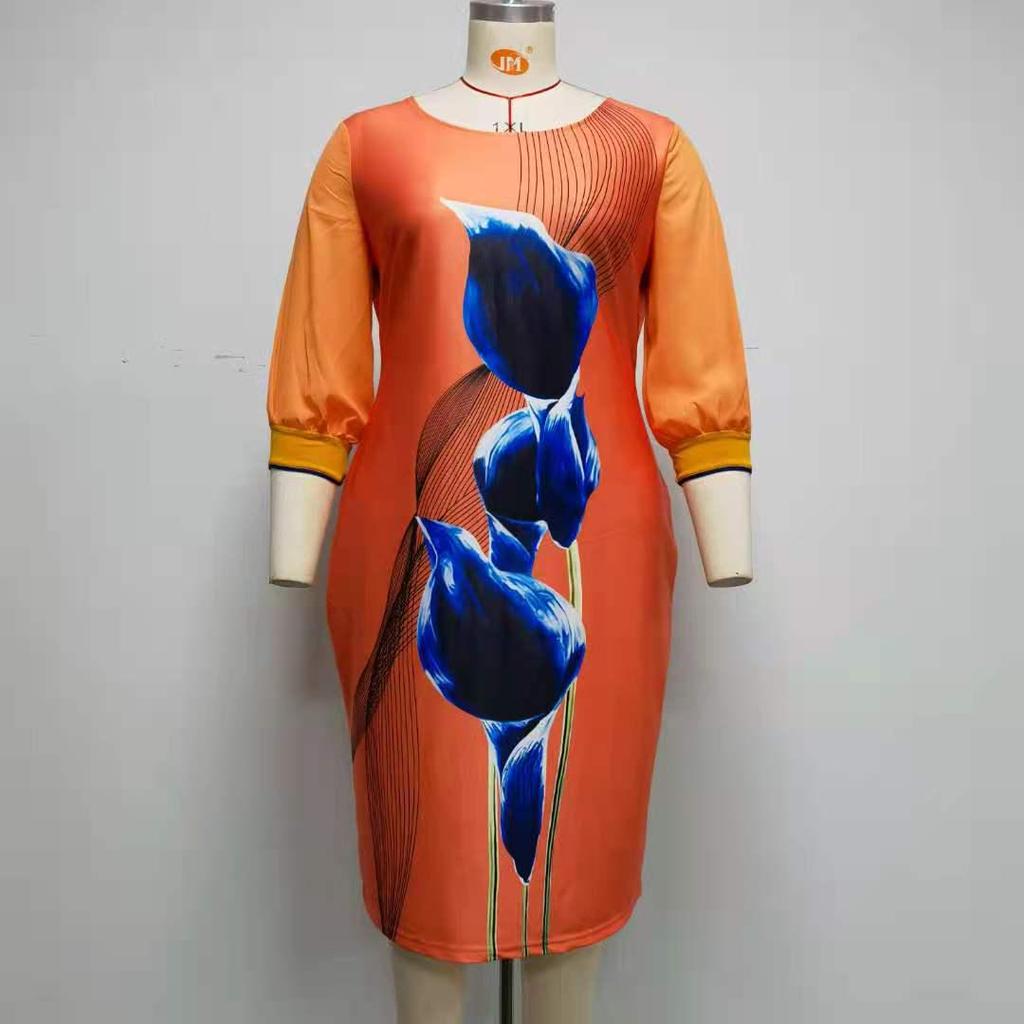 6XL African Plus Size Women's Three-Quarter Sleeve Round Neck Print Dress