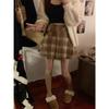 Autumn 2025 Women's High Waist Plaid Wool A-line Skirt with Belt