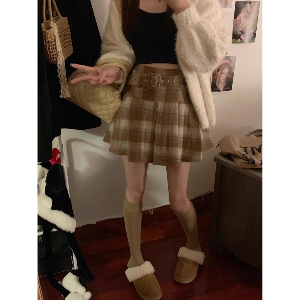 Autumn 2025 Women's High Waist Plaid Wool A-line Skirt with Belt