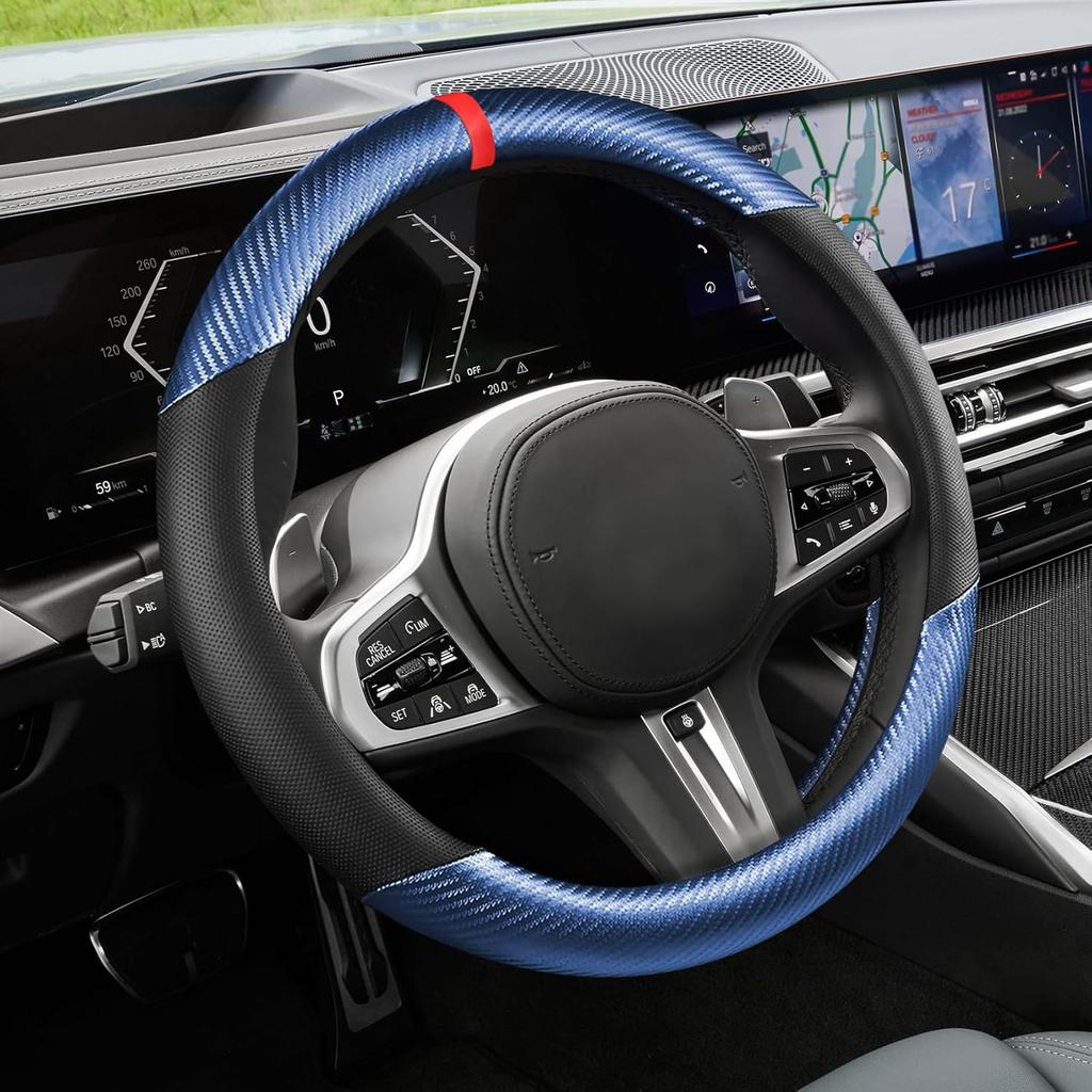 Carbon Fiber Car Steering Wheel Cover, Universal 15 inch Breathable Anti Slip Steering Wheel Covers, Car Interior Accessories Steering Wheel