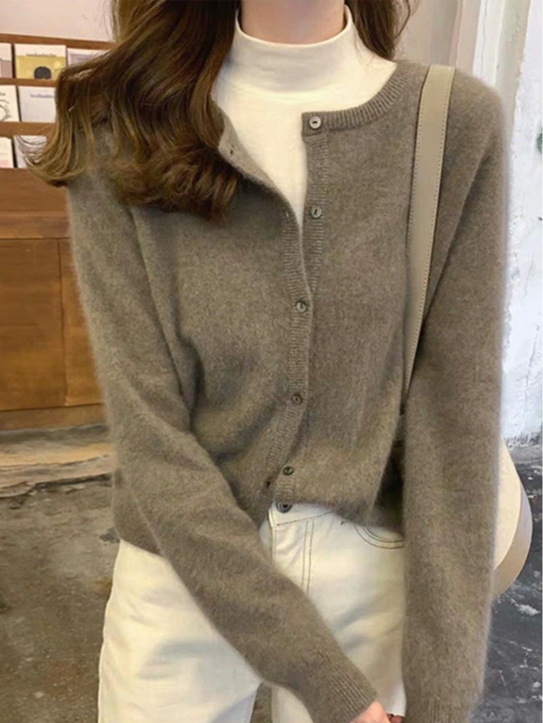 Women s 100% Pure Wool Round Neck Cardigan - Loose Knit Outerwear Sweater 2XL (125-135 lbs) бежевый