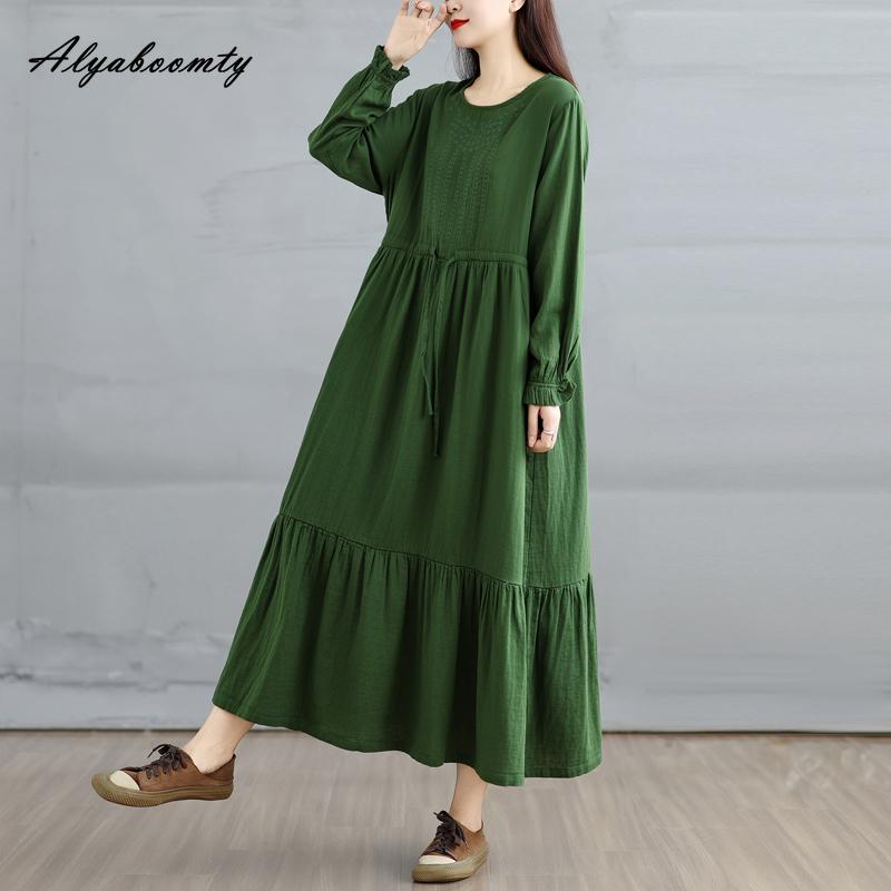Korean Style Plus Size Spring Autumn Women Midi Dress O Neck Red Green Brown Burgundy Oversized Dress Lace Up Embroidery Cotton Dress