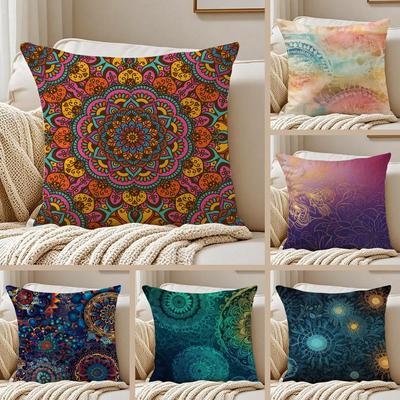 Colorful Floral Mandala Pattern Cushion Cover Silky Short Plush Sofa Pillow Cover Hidden Zipper Soft Dustproof Case Home Decor