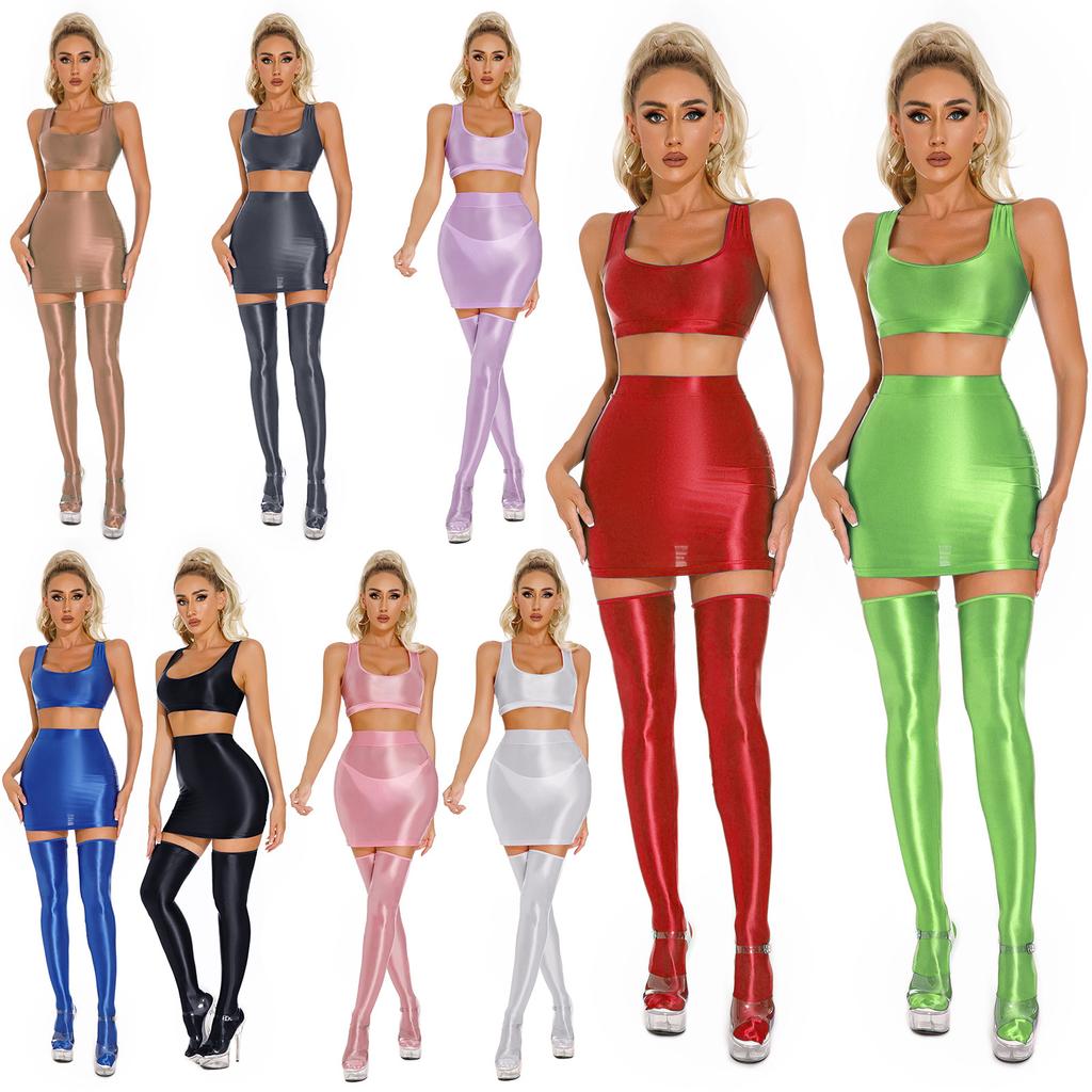 Womens Glossy Crop Top Skirt Set Sleeveless Racerback with Thigh High Stockings Partywear