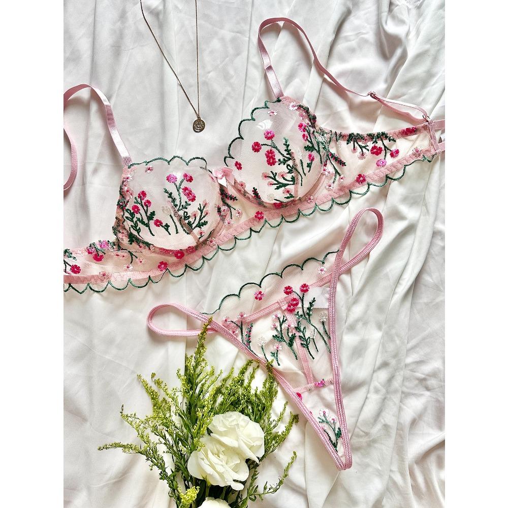 

Цветочная вышивка Sweet Wind Perspective Mesh Сексуальный удобный сексуальный комплект нижнего белья Spot S розовый