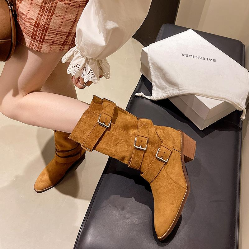 Retro Belt Buckle Pointed Head Thick Heel Western Cowboy Boots Women's Autumn and Winter Versatile Foreign Style Absolute Child Lazy Wind Knight Boots