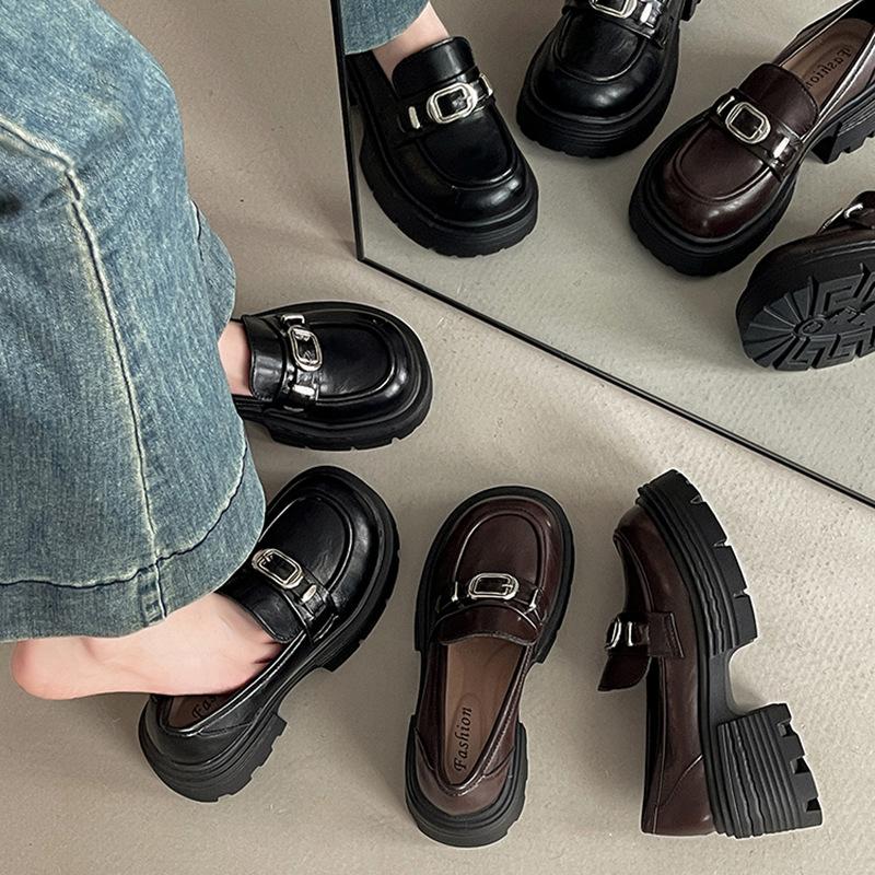 Retro Belt Buckle Loafers Women's Autumn Fashion Thick Heel Round Head Mary Jane Shoes Classic Temperament Single Shoes Small Leather Shoes