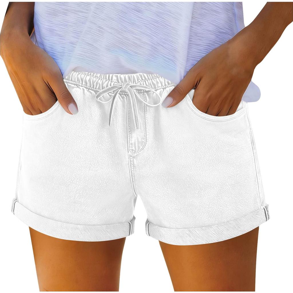 Women's Denim Shorts with Drawstring, Casual Summer Fashion, Stretch Comfort Fit for Beach and Daily Wear