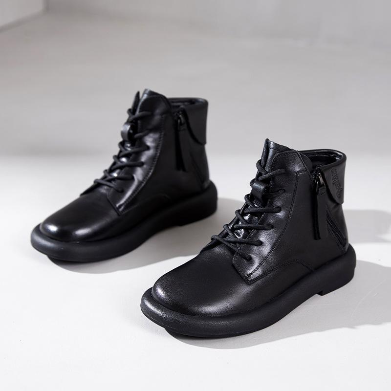 First-layer Cowhide Martin Boots Women's Autumn and Winter 2025 New Flat-bottomed Velvet Double Zipper Cowhide Women's Short Boots
