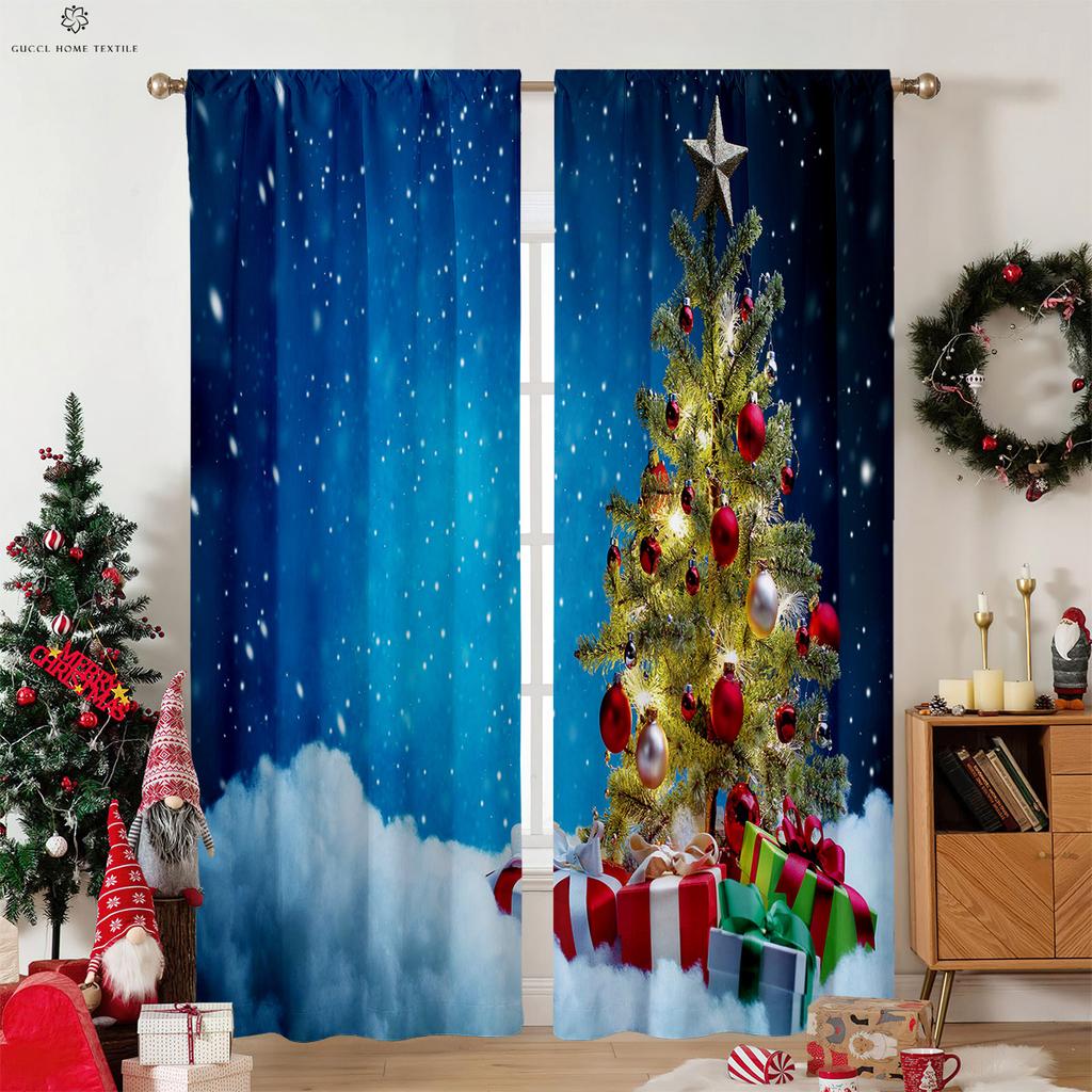Perdele de Crăciun cu Imprimeu Fulg de Nea și Elan cu Aspect de Lemn, Perdele Decorative în Stil Retro Country pentru Dormitor, Living, 2 Buc.