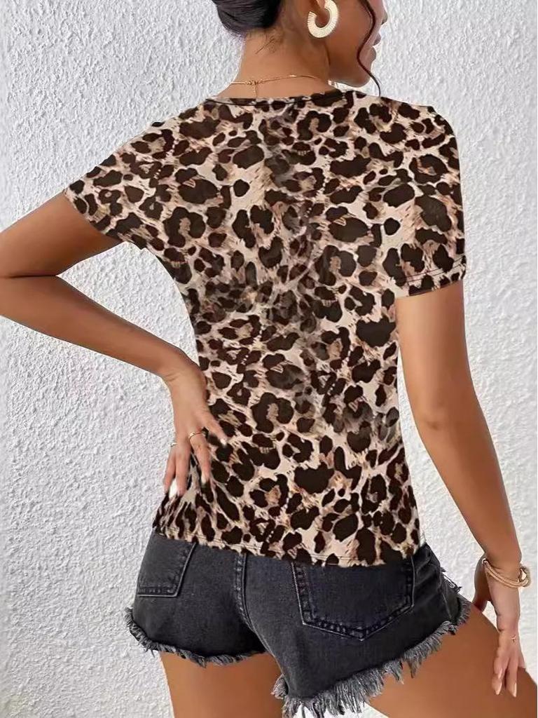 European & American Women's Summer Leopard Print Round Neck Short Sleeve T-shirt