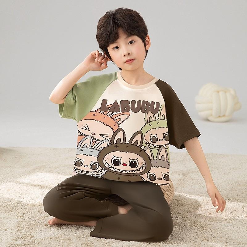 Cotton Short Sleeve Pajama Set Boys Lightweight Sleepwear Cartoon Print Kids Home Wear