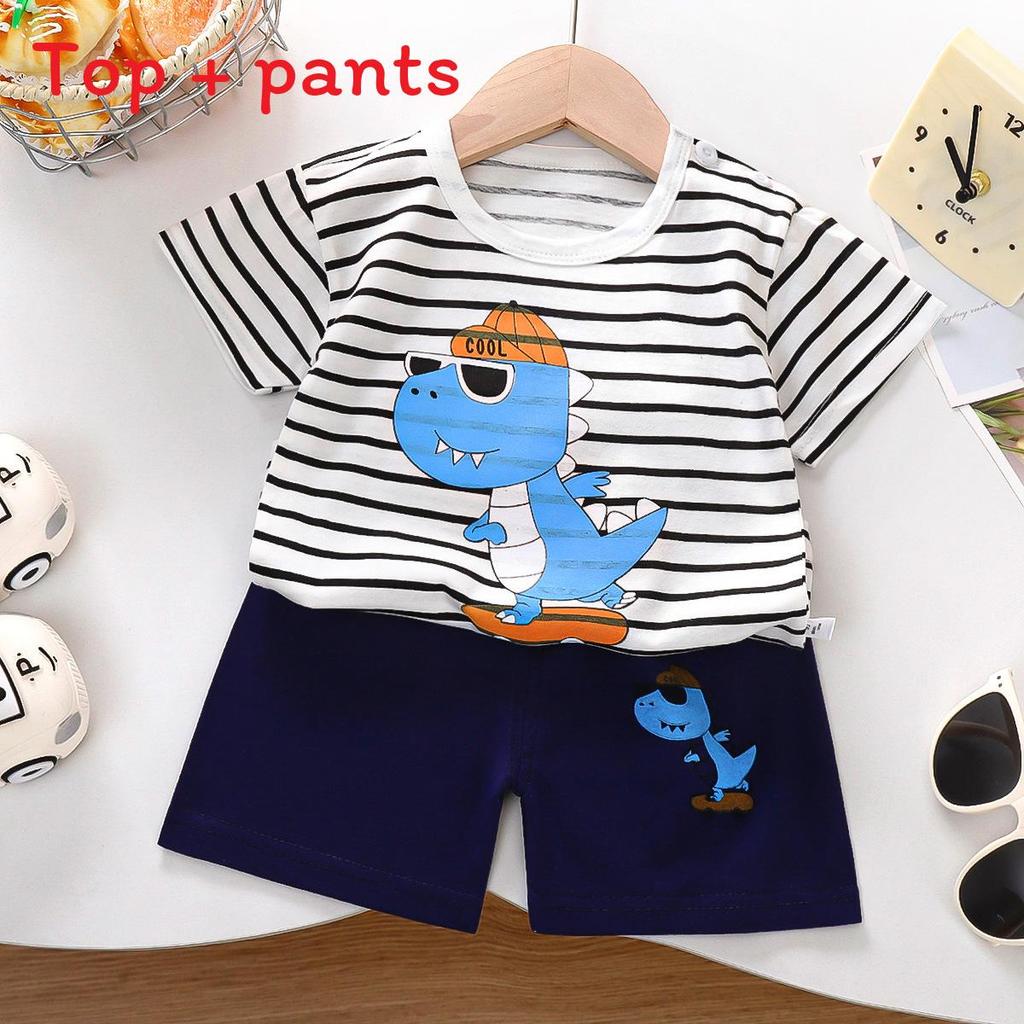Kids Short Sleeve Cotton Set With Cartoon Pattern For Summer Play