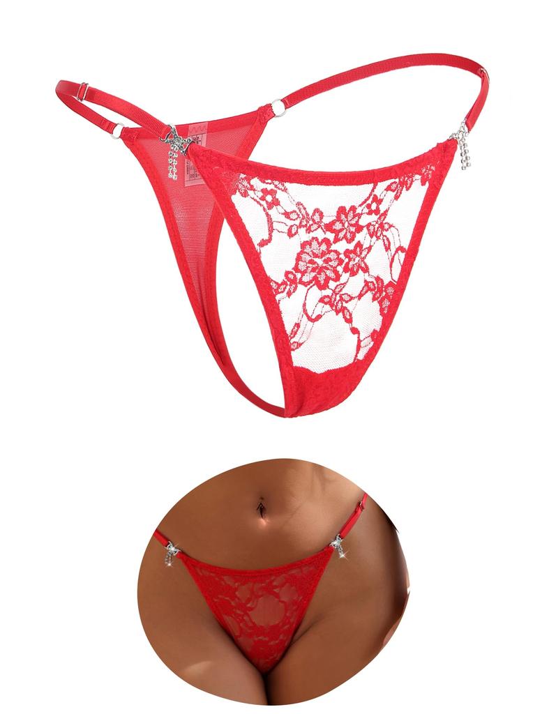 Comeondear Floral Lace Panties with Rhinestones and Plus Sizes Women's T-Back Bows, Adjustable, Sexy, See-Through, Butt-Shaping, High-Leg Panties,