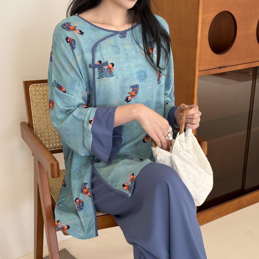 Spring/Summer new cotton silk new Chinese floral print pajamas, women's frog button loungewear, cotton silk set, vintage national style