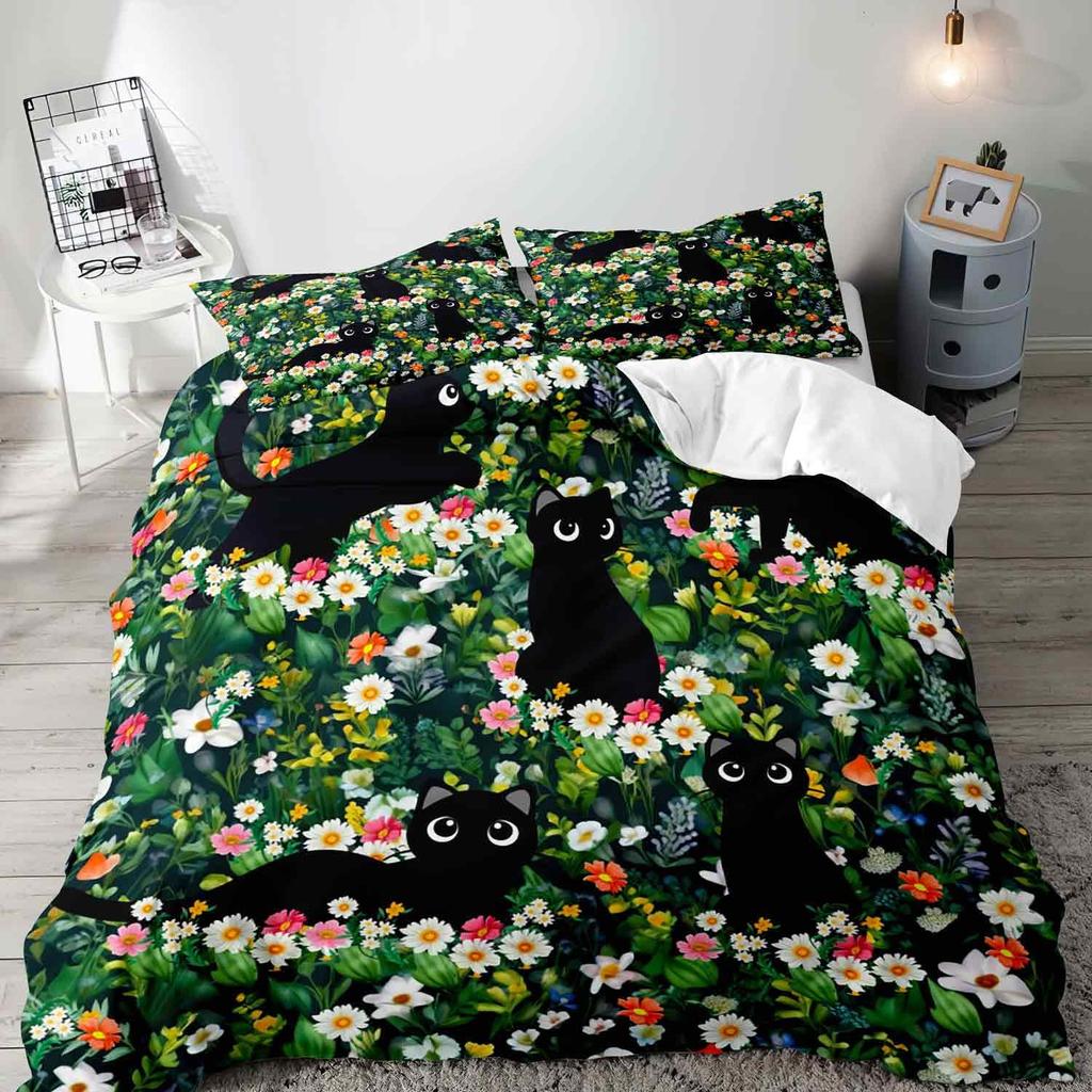 Cat and Flowers Duvet Cover Queen King Size Lightweight Quilt Cover with 2 Pillowcases Spring Animal Themed Bedding Set No Quilt