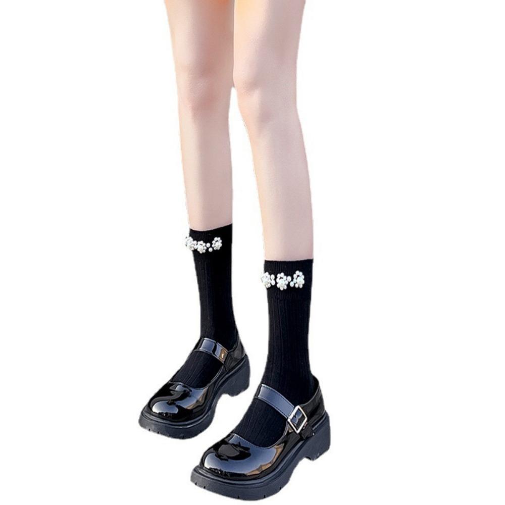 Black and White Calf Socks Pearl Solid Color Fairy Pearl Socks Loli Ins Tide Pure Cotton Jk Medium Tube Socks Spring and Autumn