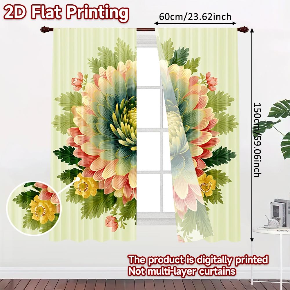 Set Of 2 Flat Printing Curtains Without Rod Floral Motif Design New Yearfestival Creative Durable Polyester Curtain