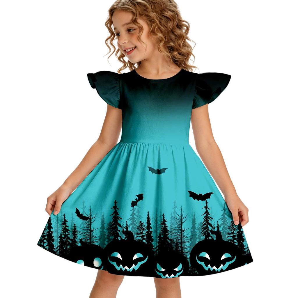 Girls Halloween Casual Dress Ruffle Sleeve Round Neck Patchwork Pattern Knee Length Dress for Kids