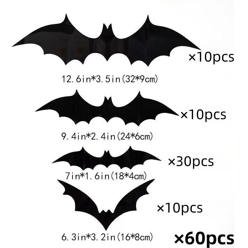 60-180pcs Halloween Bat 3d Black Bat Stickers Supplies Halloween Classic Style Wall Stickers Three-dimensional Spider Decoration