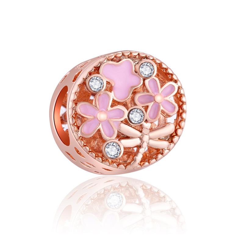Fashion Rose Gold Plated Crystal Love Heart Flower Charms Bead Fit Original Bracelet Charm Pendants for DIY Jewelry Making