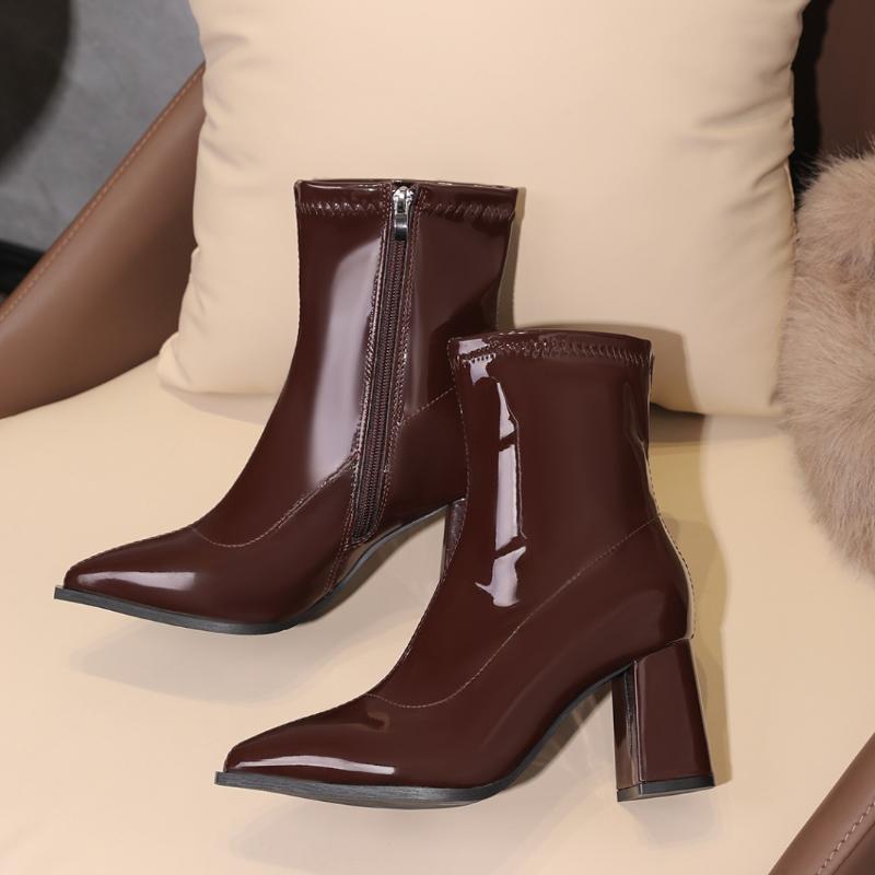 Autumn Womnen's High Heel Ankle Boots New Winter Plus Velvet Pointed Toe Chunky Heel Chelsea Boots for Women Heeled Sheos Dress
