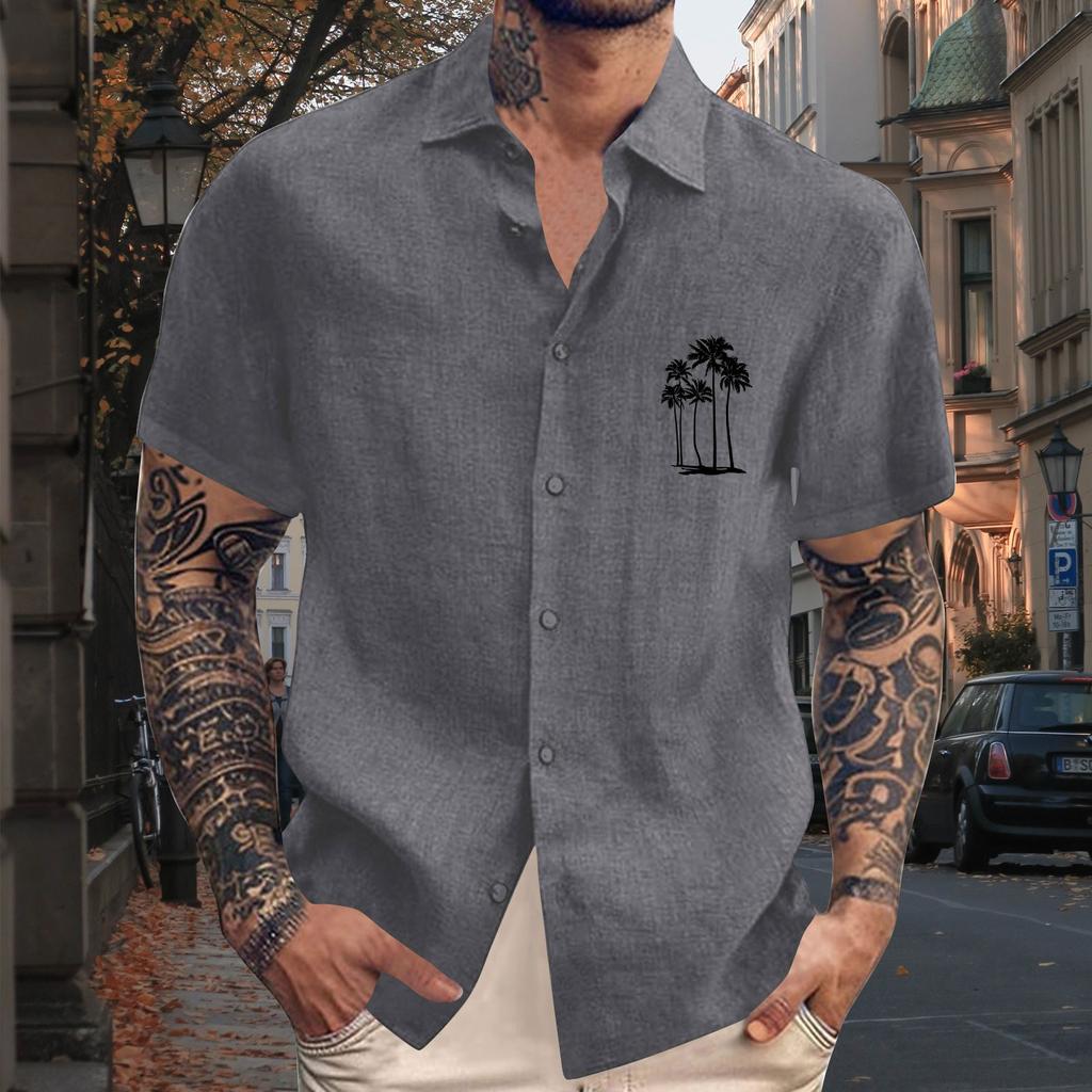 Men'S Casual Loose Short Sleeved Printed Shirt With Fashionable Lapel Top