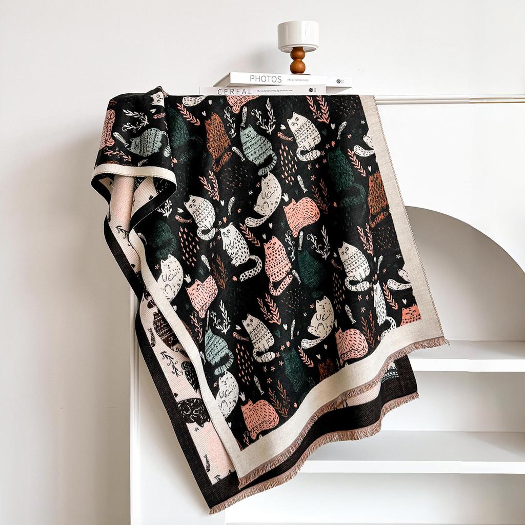 New Luxury Winter Thick Warm Abstract Cat Scarf Women Cashmere Shawl And Wraps Pashmina Neckerchief Bufanda Female Echarpe