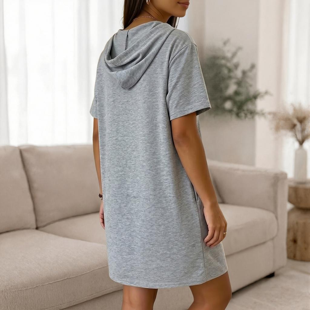 Women Hooded Short Sleeve Dress with Zipper Front Pockets Casual Straight Fit Knee Length Pullover