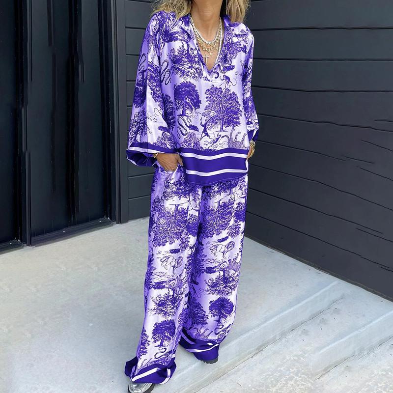 Damlångbyxor för kvinnor Fashionista V-ringad Tryckt Långärmad Ficka Casual Dam Casual Kostym