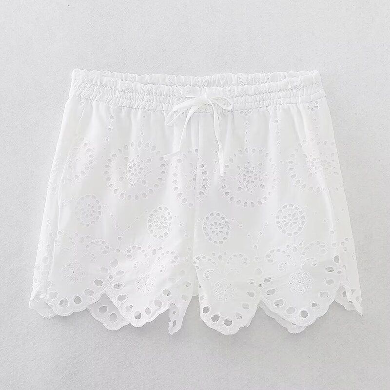 

High Waist Casual Straight-Leg Lapel Hollow Embroider Shorts White Pants XS