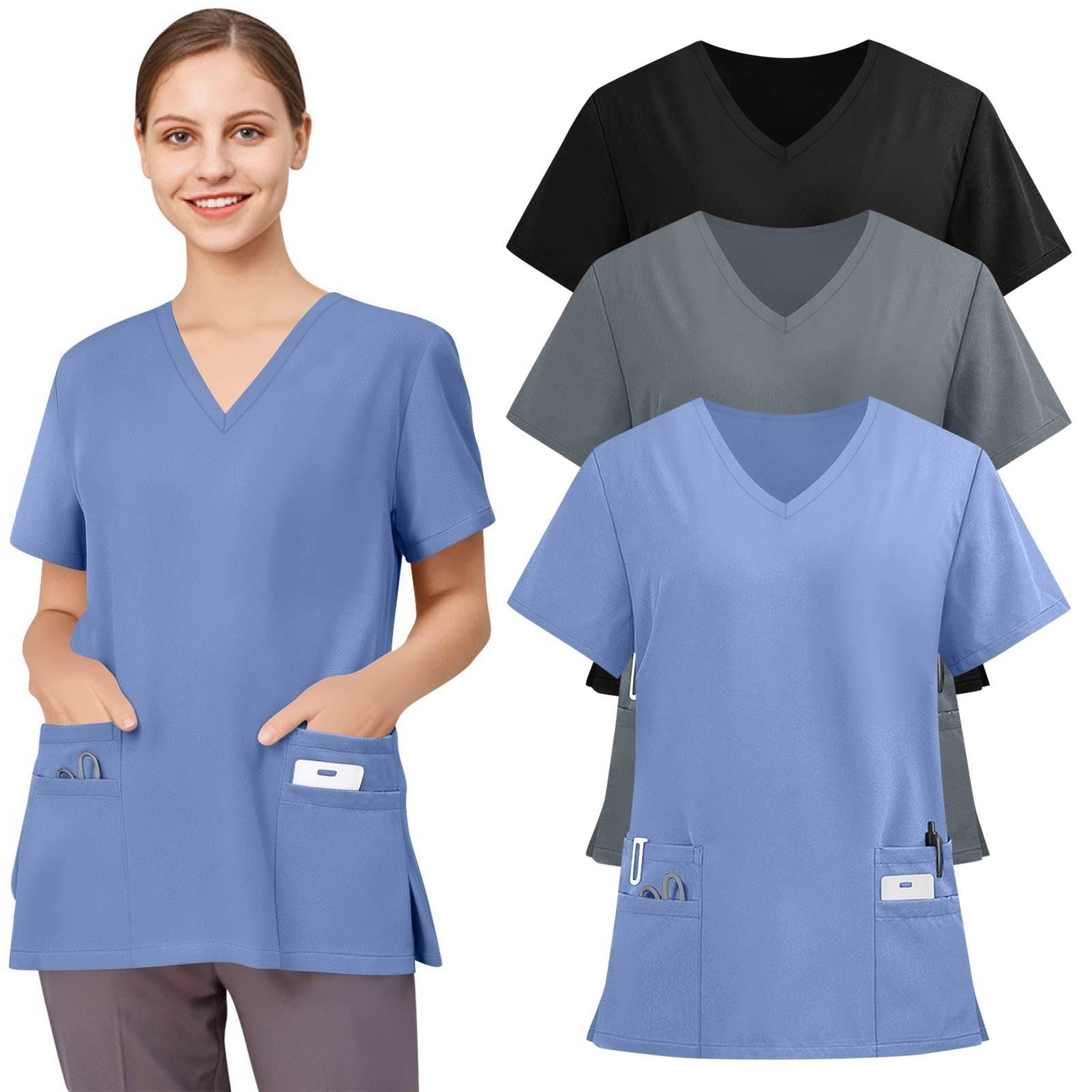 

3PC Women s Fashion Short Sleeve V Neck Pattern Tops Pocket Working T-shirts L синий