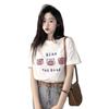 2025 Women’s Summer Korean-Style Loose Mid-Length Bear Print White T-Shirt