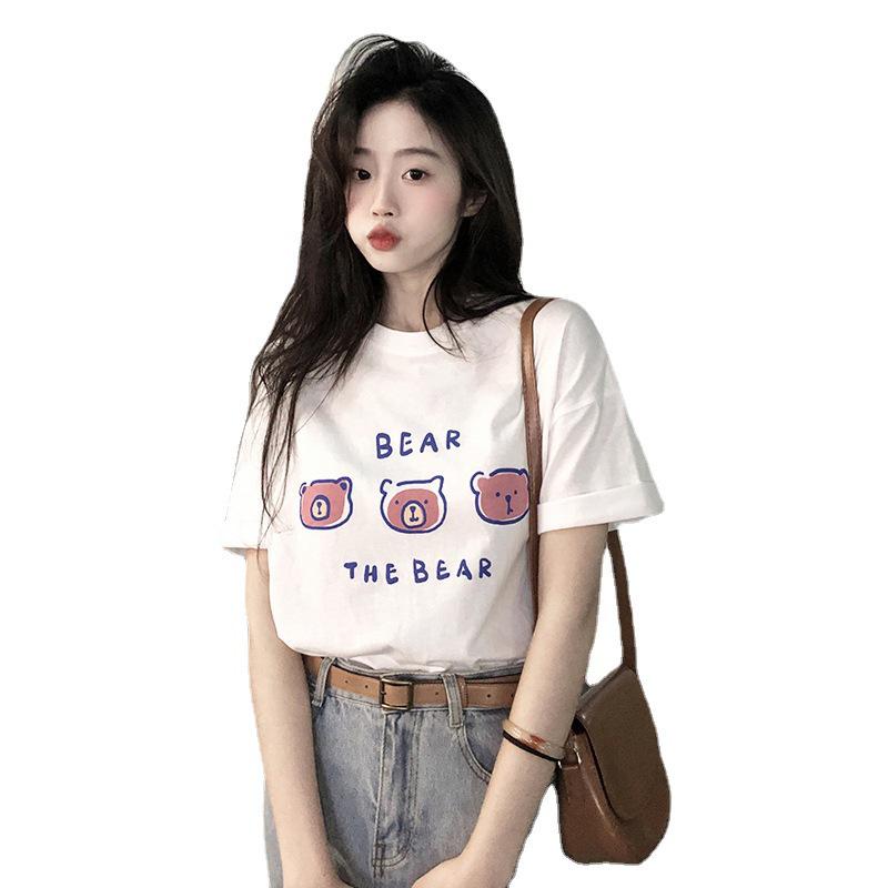 2025 Women’s Summer Korean-Style Loose Mid-Length Bear Print White T-Shirt